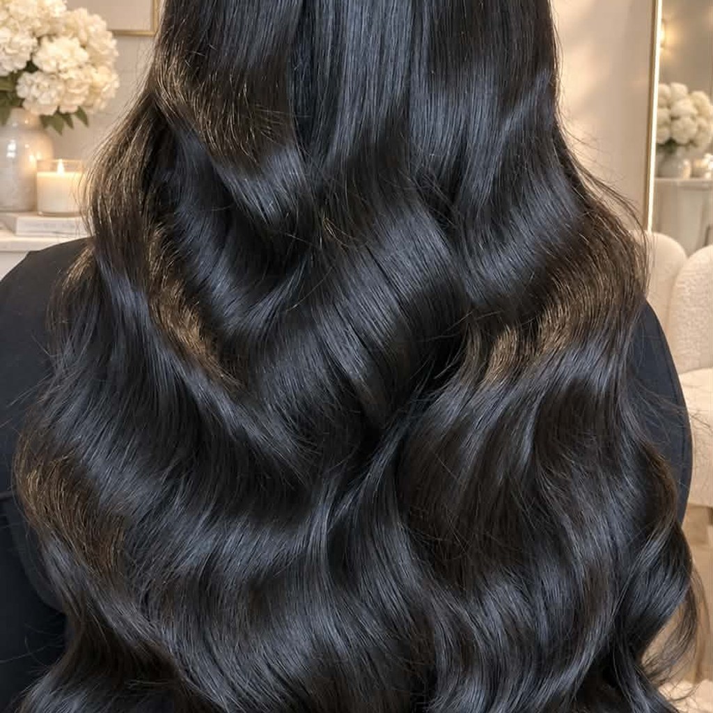 Long dark Hollywood waves finished in a bright salon suite